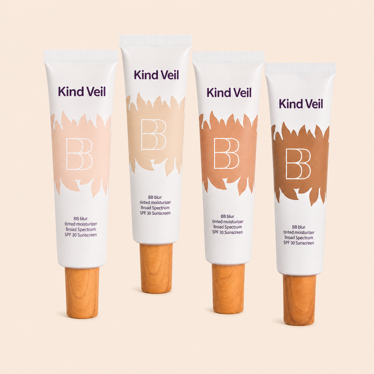 Four Kind Veil BB Blur shades on a warm cream background: Ivory White, Natural Color, Wheat Color, and Coffee Color