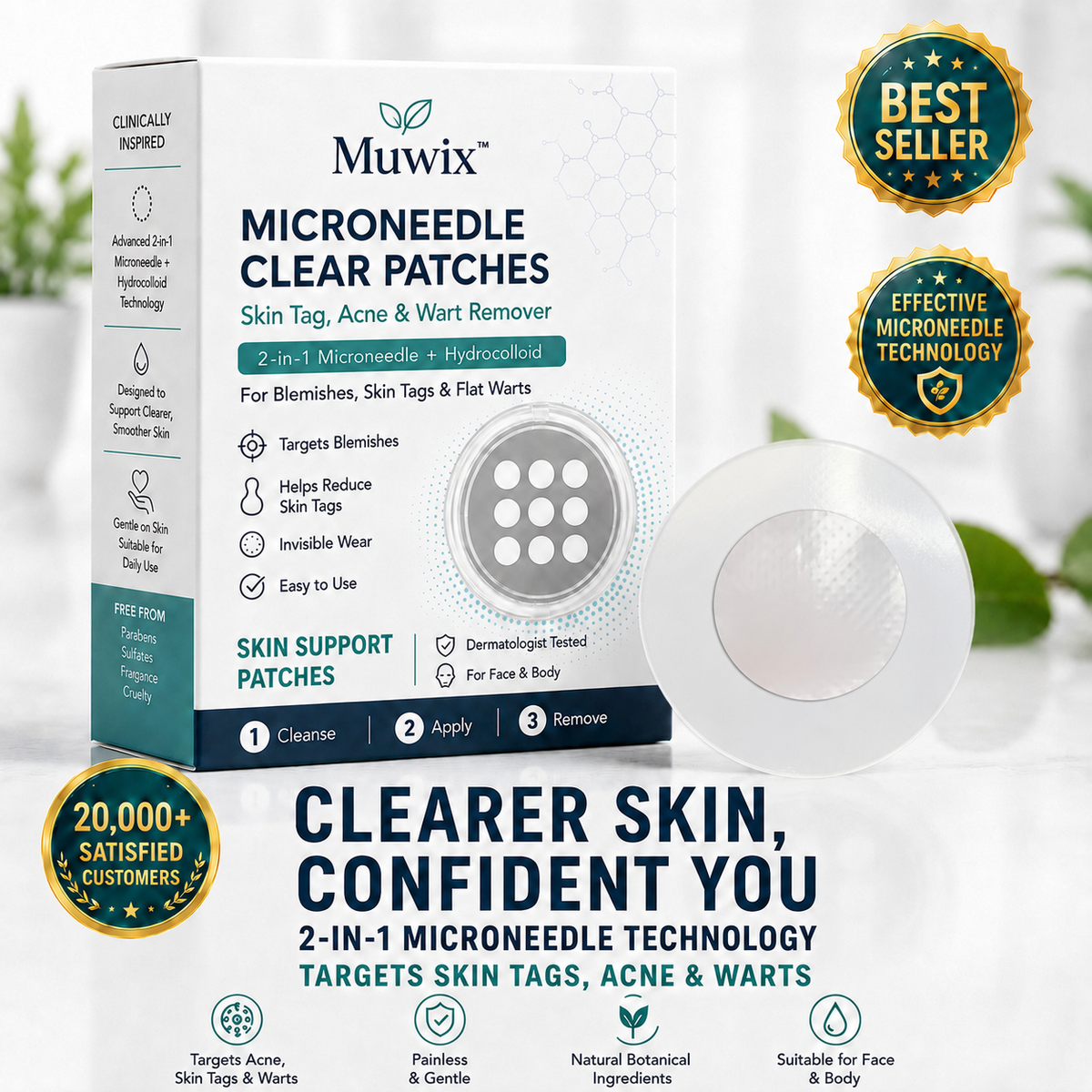 ✨Muwix®2-in-1 Microneedle & Hydrocolloid Patch?| Removes Raised Moles, Acne, Flat Warts & Skin Tags | Helps Improve Wrinkles, Scars & Blemishes | Invisible Patches for Face & Body